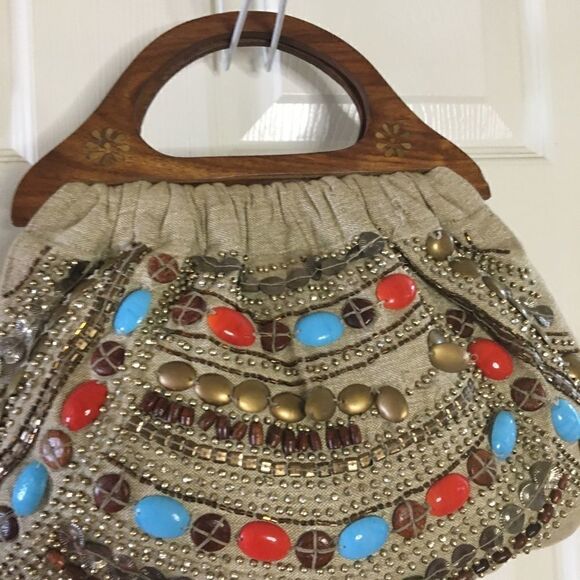 Aldo khaki canvas beads wooden handle satchel bag - Picture 3 of 11